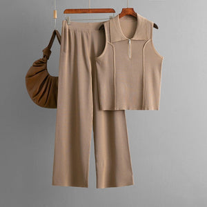 Zipper knitted lapel small vest top fashion set + high - waisted casual pants two - piece set - Negative Apparel