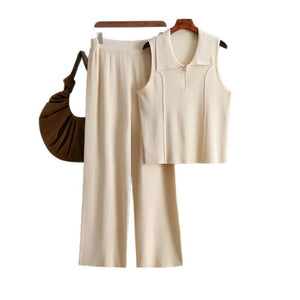 Zipper knitted lapel small vest top fashion set + high - waisted casual pants two - piece set - Negative Apparel