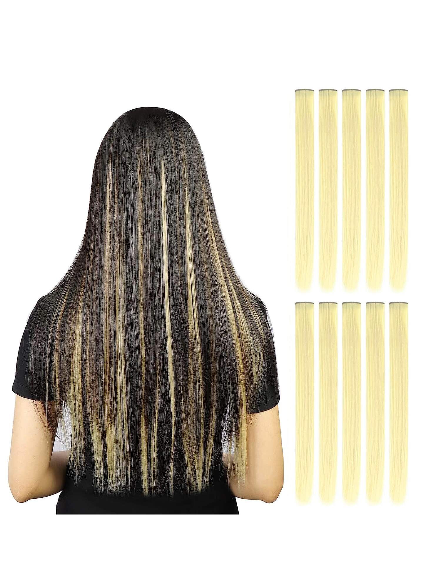 10pcs Multi-Color Highlights 20 Inch Clip In Synthetic Hair Extensions For Party - Negative Apparel
