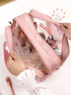 1pc Transparent Double-Layer Dry And Wet Separation Large Capacity Portable Makeup Bag For Women - Negative Apparel