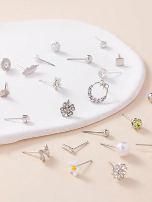 1set 30pairs Delicate Women's Metal Small Conch Shell Pearl Earring Set - Negative Apparel