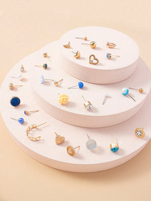 1set 30pairs Delicate Women's Metal Small Conch Shell Pearl Earring Set - Negative Apparel