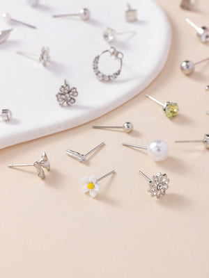 1set 30pairs Delicate Women's Metal Small Conch Shell Pearl Earring Set - Negative Apparel