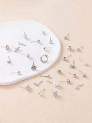 1set 30pairs Delicate Women's Metal Small Conch Shell Pearl Earring Set - Negative Apparel