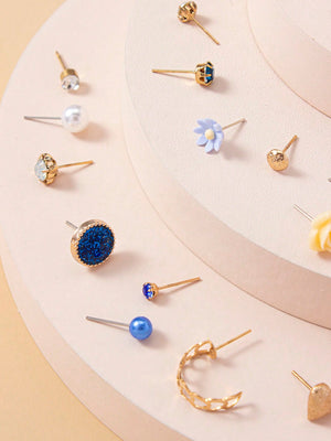 1set 30pairs Delicate Women's Metal Small Conch Shell Pearl Earring Set - Negative Apparel