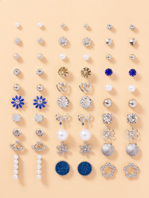 30pairs/set Rhinestone & Faux Pearl Decor Earrings - Negative Apparel