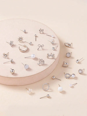 30pairs/set Women's Delicate Metallic Conch Shell, Faux Pearl & Heart Shaped Earrings Gift Set - Negative Apparel