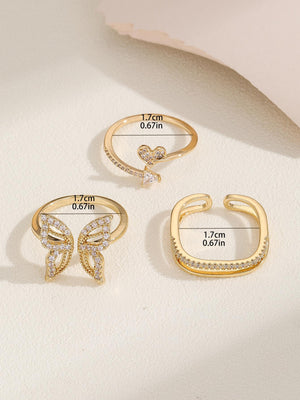 3pcs Copper Fashion Elegant Classic Adjustable Butterfly & Heart Shaped Ring With Full White Zirconia - Negative Apparel