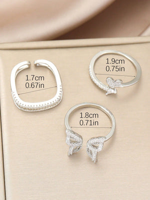 3pcs Copper Fashion Elegant Classic Adjustable Butterfly & Heart Shaped Ring With Full White Zirconia - Negative Apparel