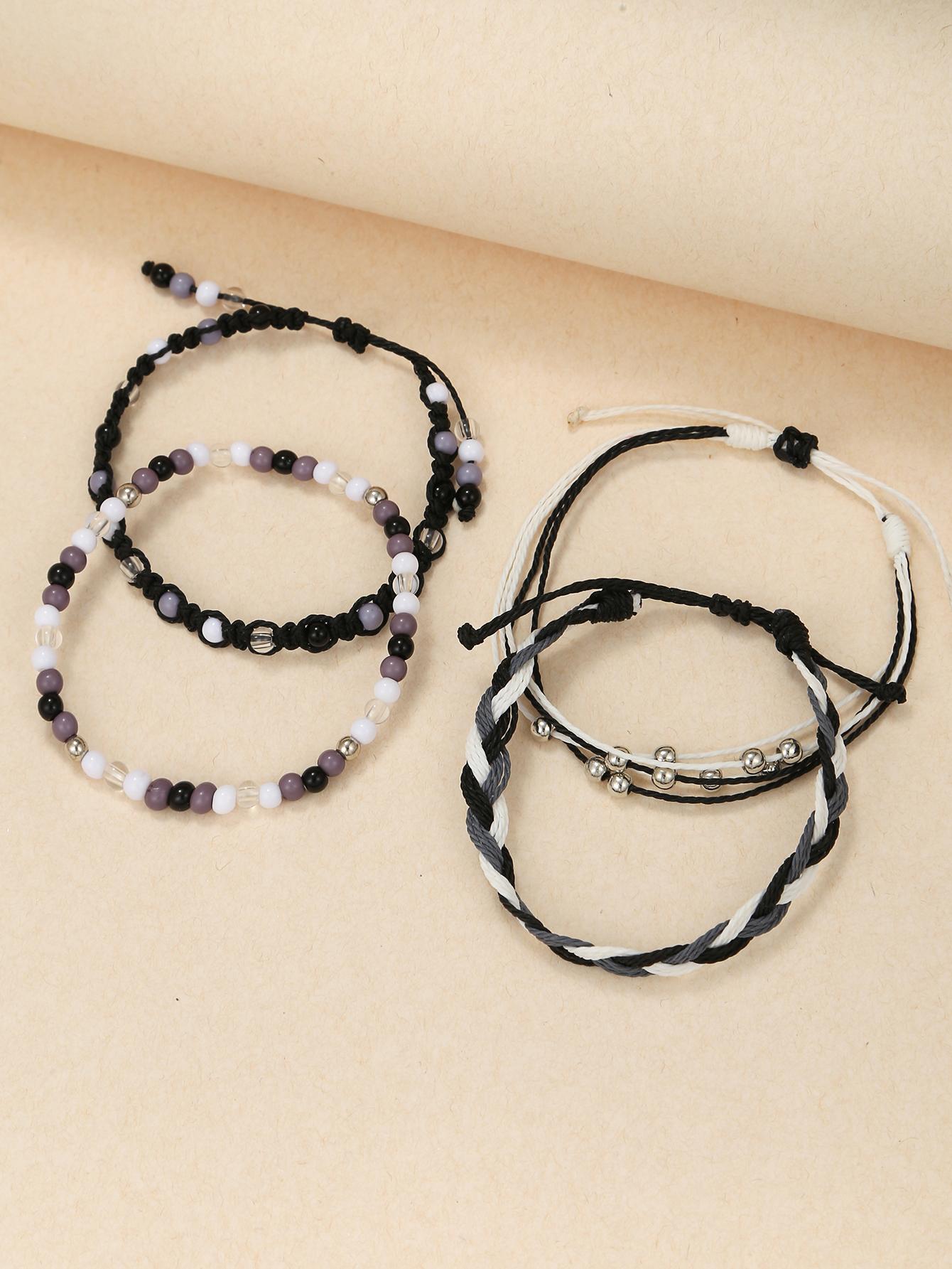 4pcs Acrylic Beaded & Waxed Thread Braided Bracelet Set - Negative Apparel
