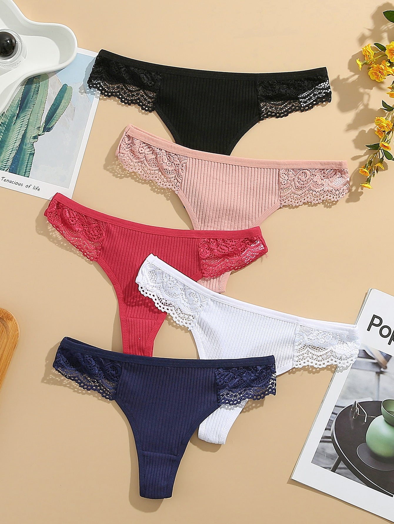 3pcs/pack Ribbed Cotton Thong Underwear Women V-Waist Solid Color