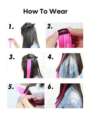 5pcs Clip In Long Straight Synthetic Hairpiece Rainbow Colored Hair Extensions Clip In Hair Accessories Straight Hair Extensions Party Highlights For Women - Negative Apparel
