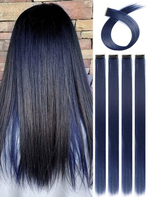 5pcs Clip In Long Straight Synthetic Hairpiece Rainbow Colored Hair Extensions Clip In Hair Accessories Straight Hair Extensions Party Highlights For Women - Negative Apparel