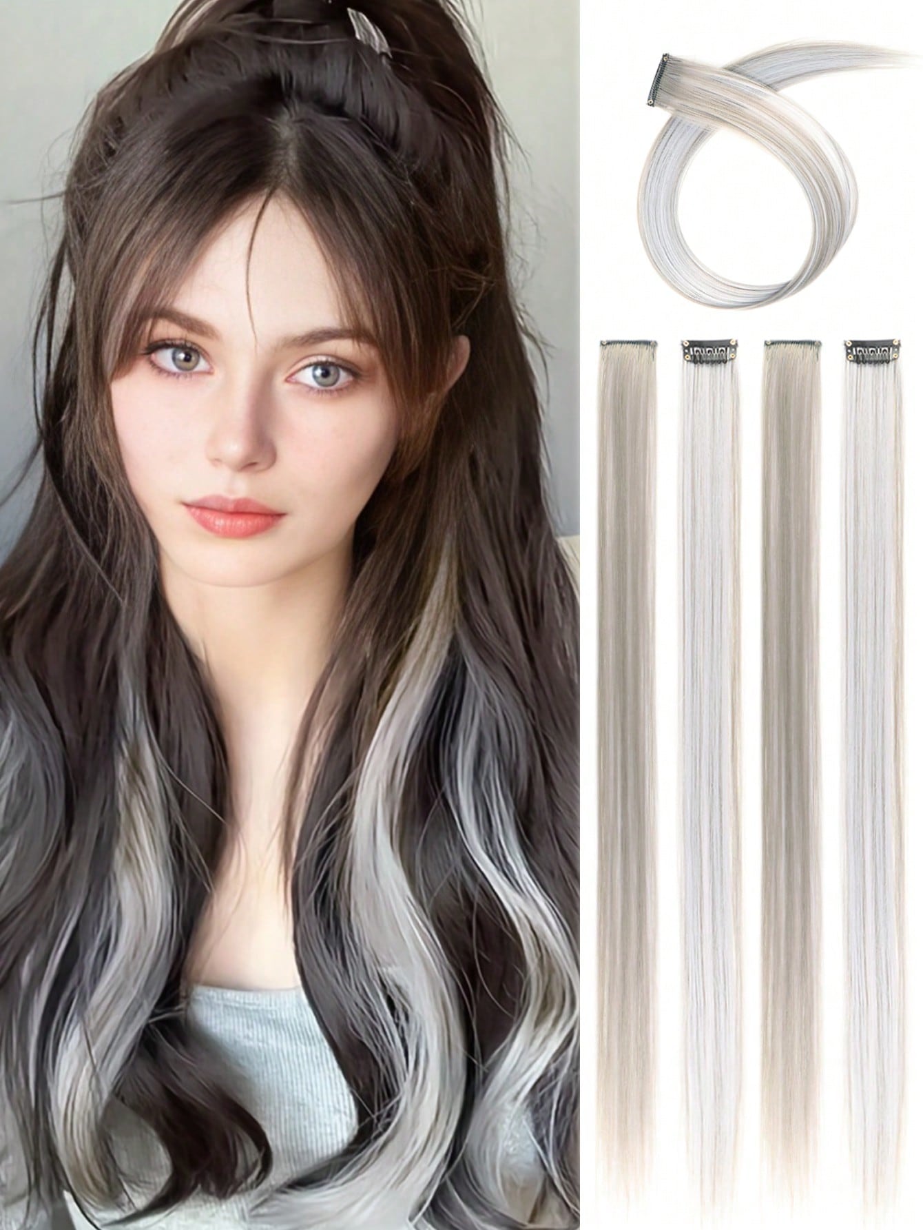 5pcs Clip In Long Straight Synthetic Hairpiece Rainbow Colored Hair Extensions Clip In Hair Accessories Straight Hair Extensions Party Highlights For Women - Negative Apparel
