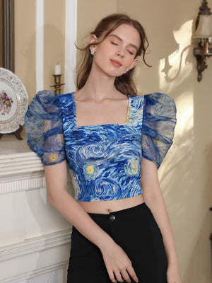 Allover Print Puff Sleeve Blouse - Negative Apparel