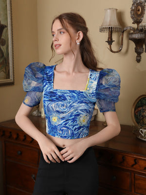 Allover Print Puff Sleeve Blouse - Negative Apparel