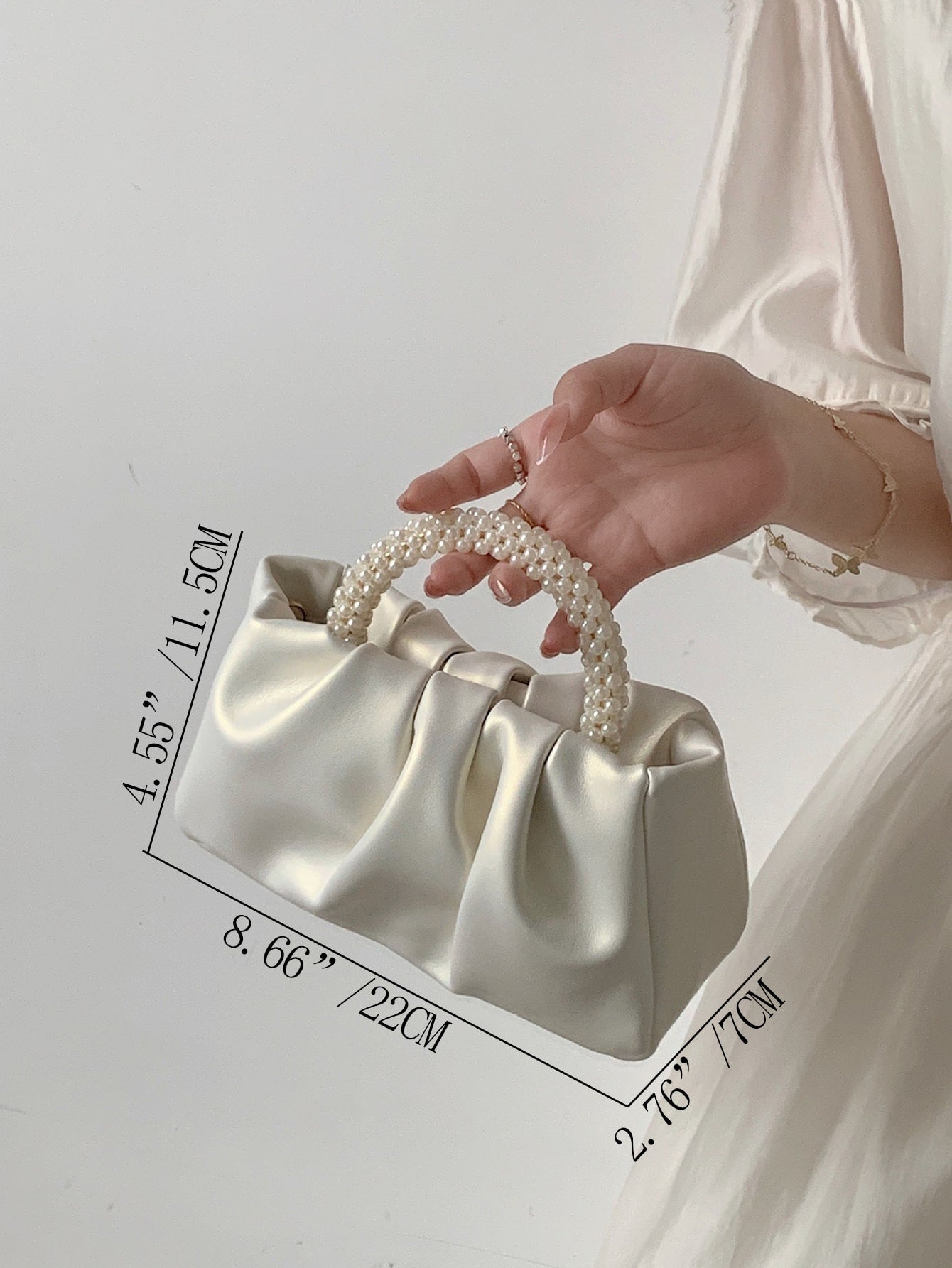 Argyle Princess Faux Pearl & Rhinestone Pearl Chain & Decor Small Ruched Bag - Negative Apparel