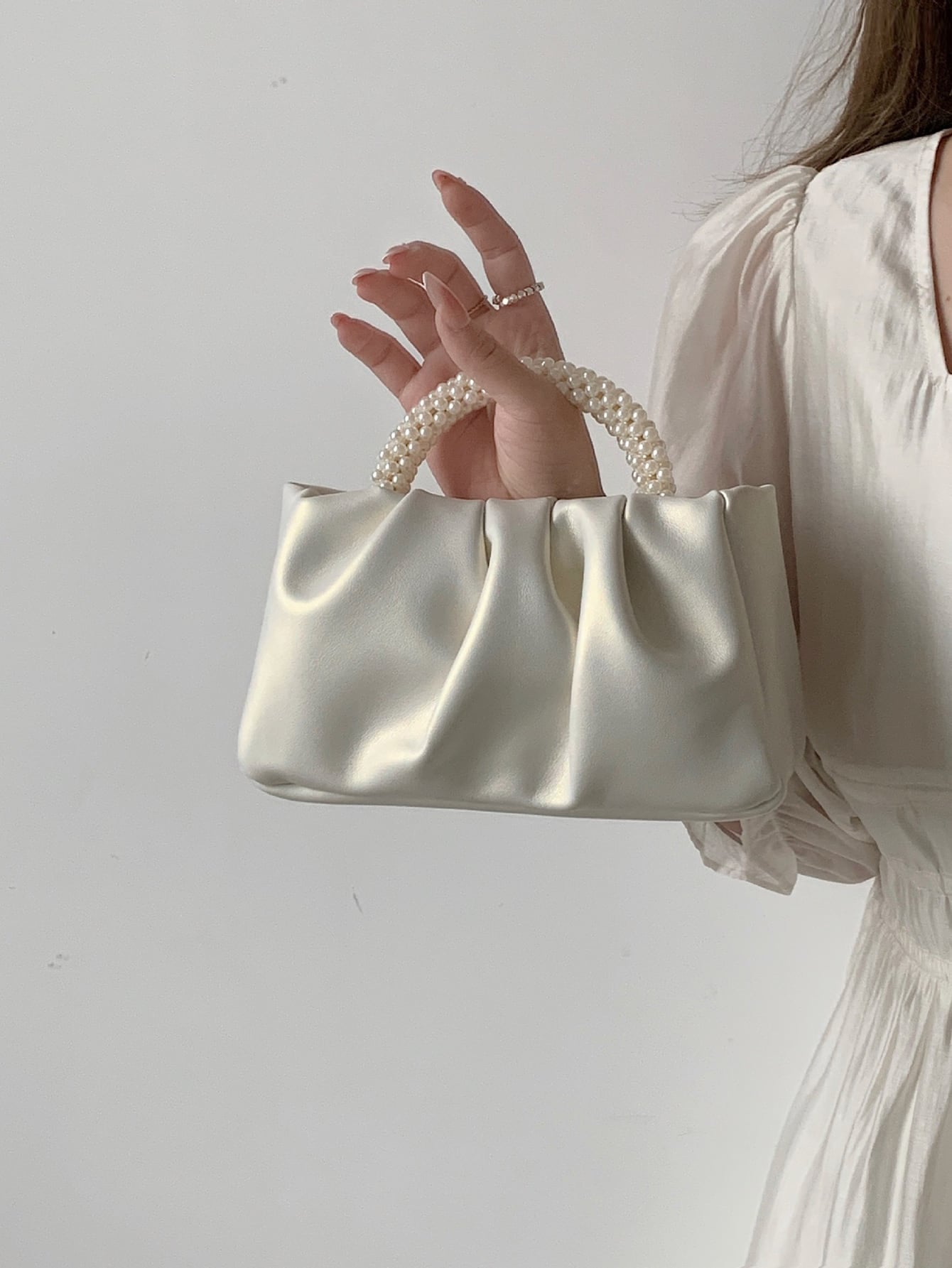 Argyle Princess Faux Pearl & Rhinestone Pearl Chain & Decor Small Ruched Bag - Negative Apparel