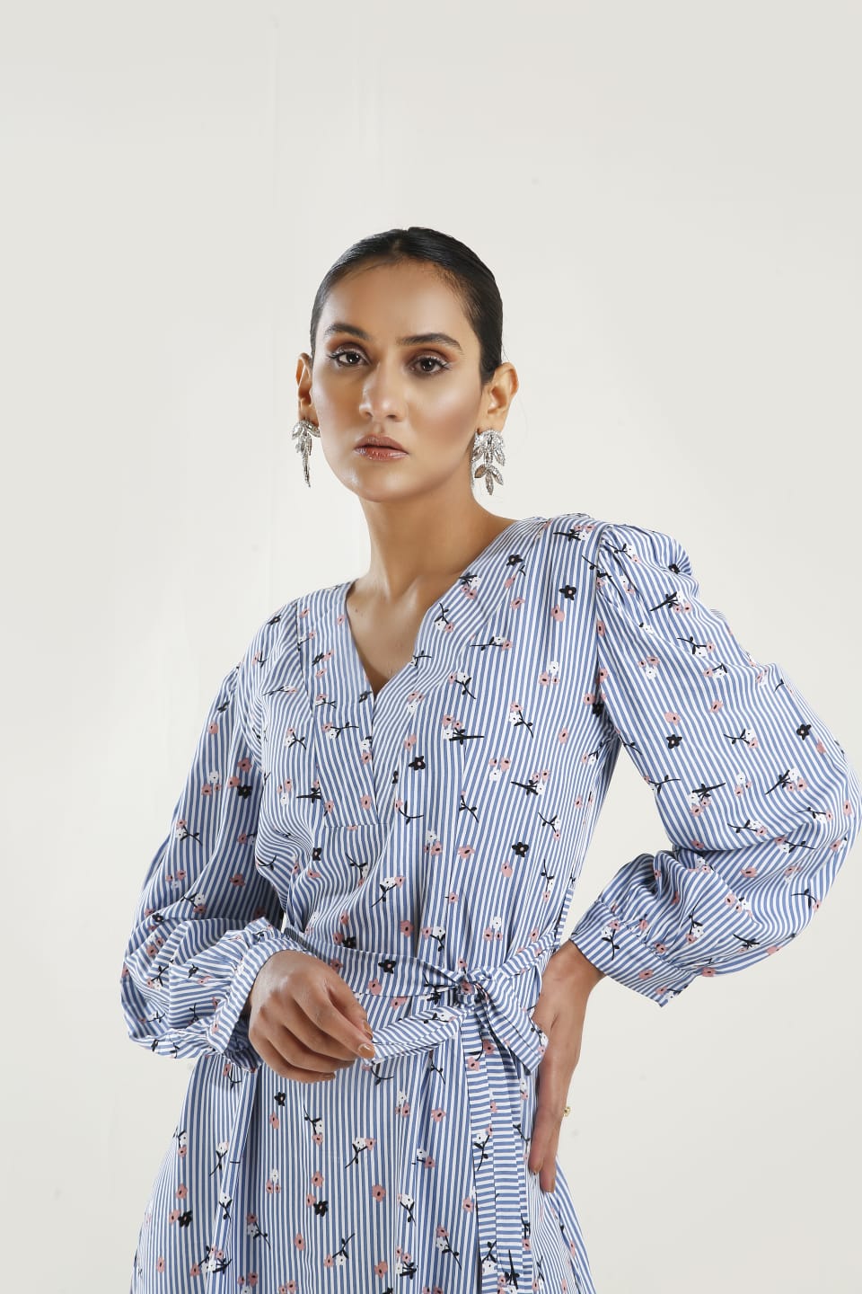 Bishop Sleeve Belted Fitted Dress - Negative Apparel