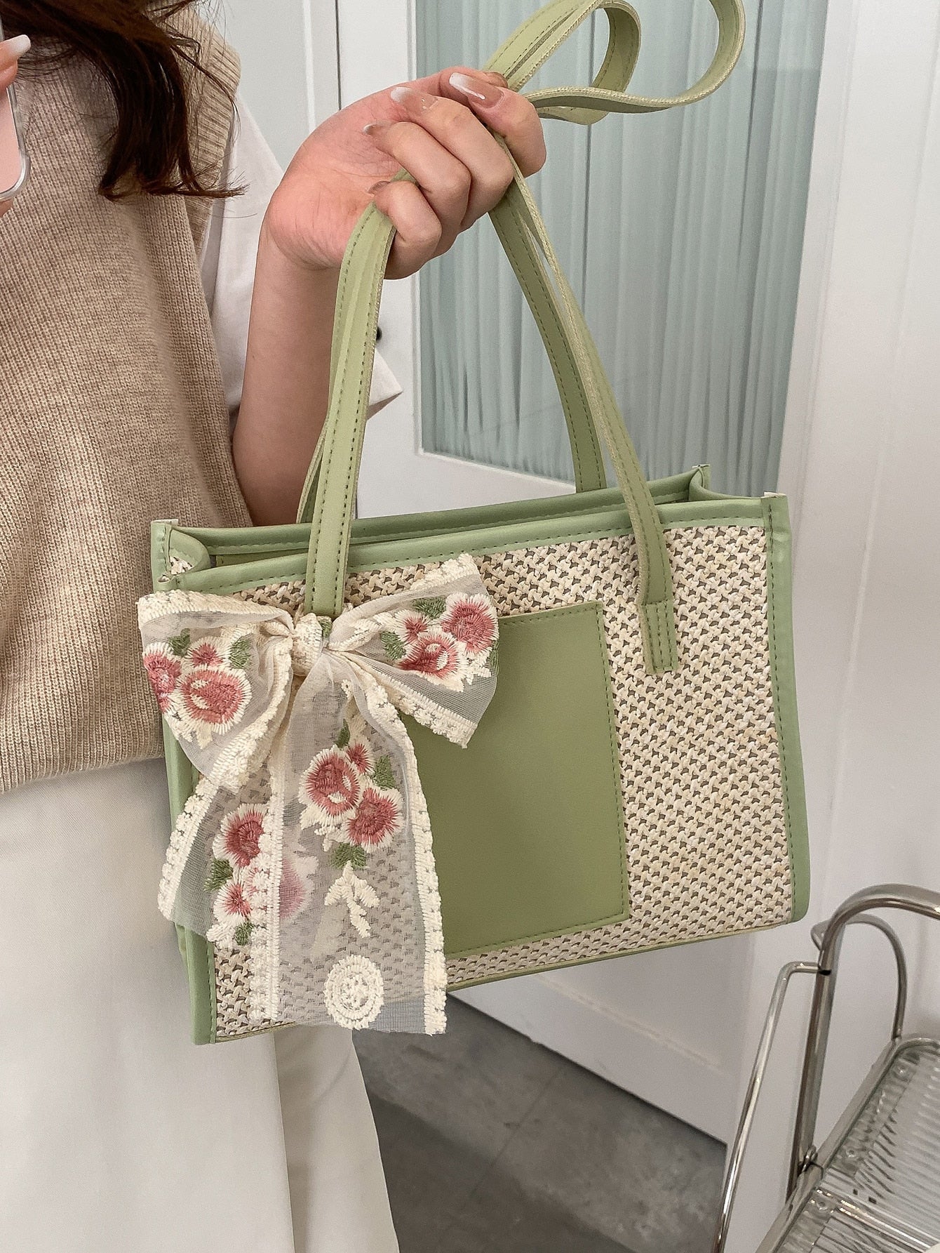 Bow Decor Straw Bag - Negative Apparel