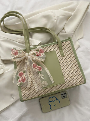 Bow Decor Straw Bag - Negative Apparel