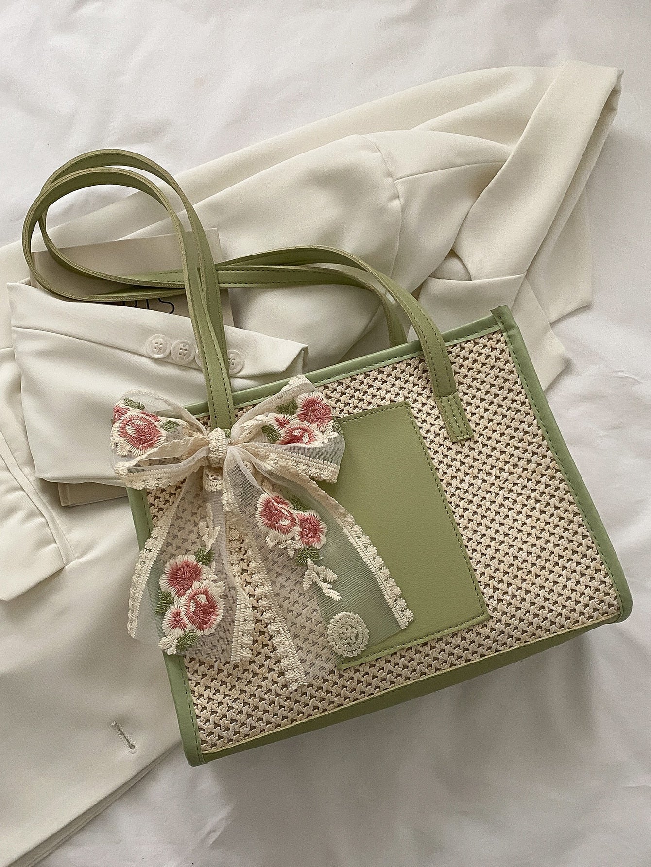 Bow Decor Straw Bag - Negative Apparel