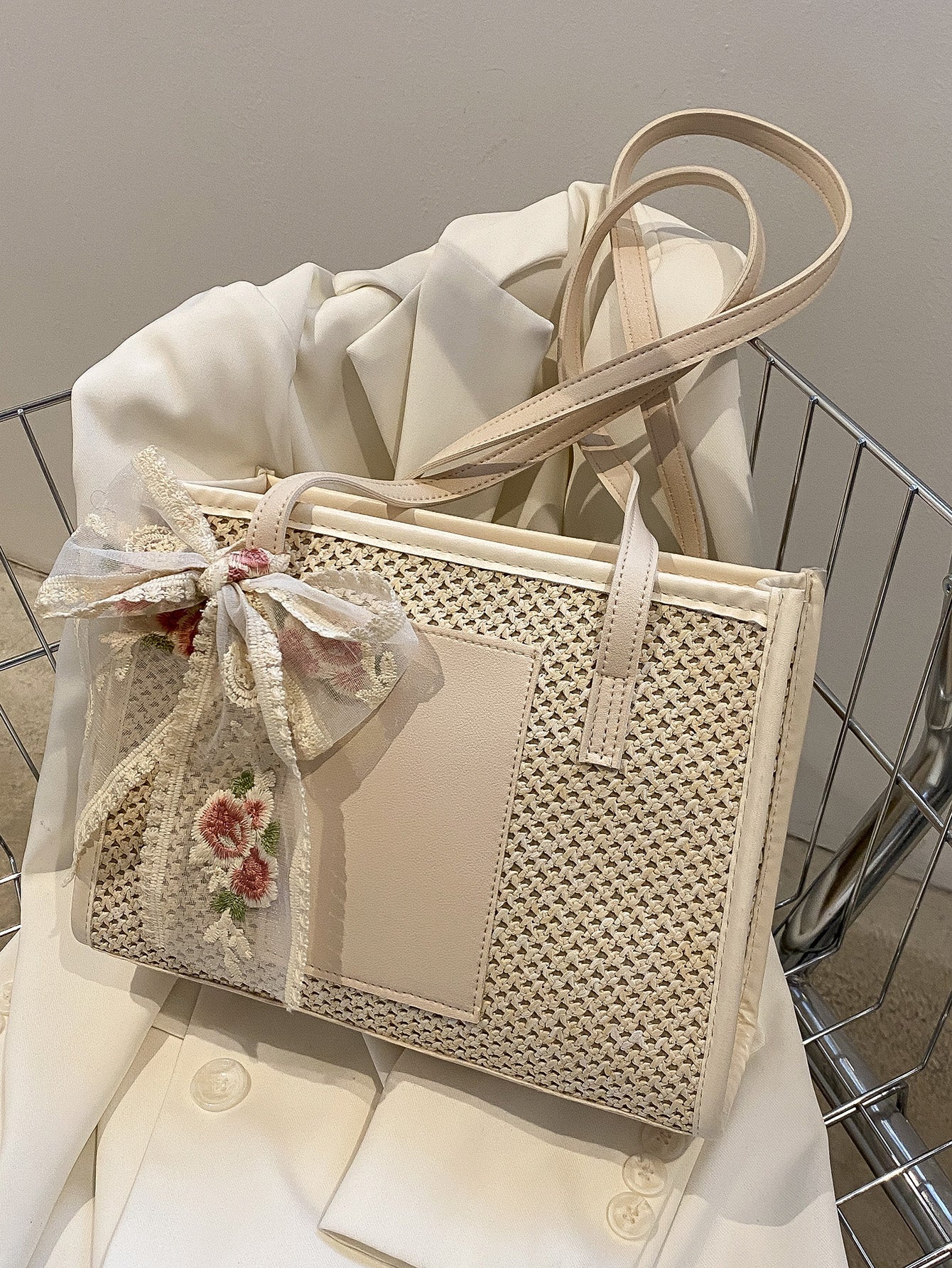 Bow Decor Straw Bag - Negative Apparel