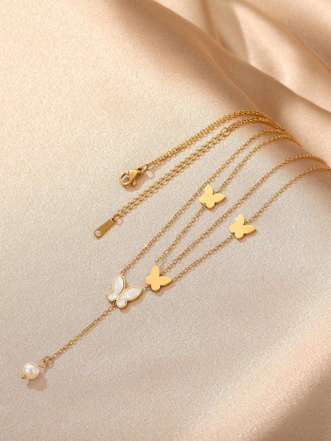 Butterfly & Faux Pearl Charm Layered Necklace - Negative Apparel