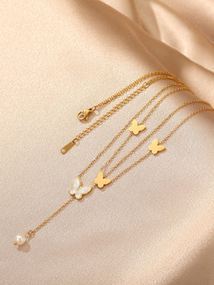 Butterfly & Faux Pearl Charm Layered Necklace - Negative Apparel