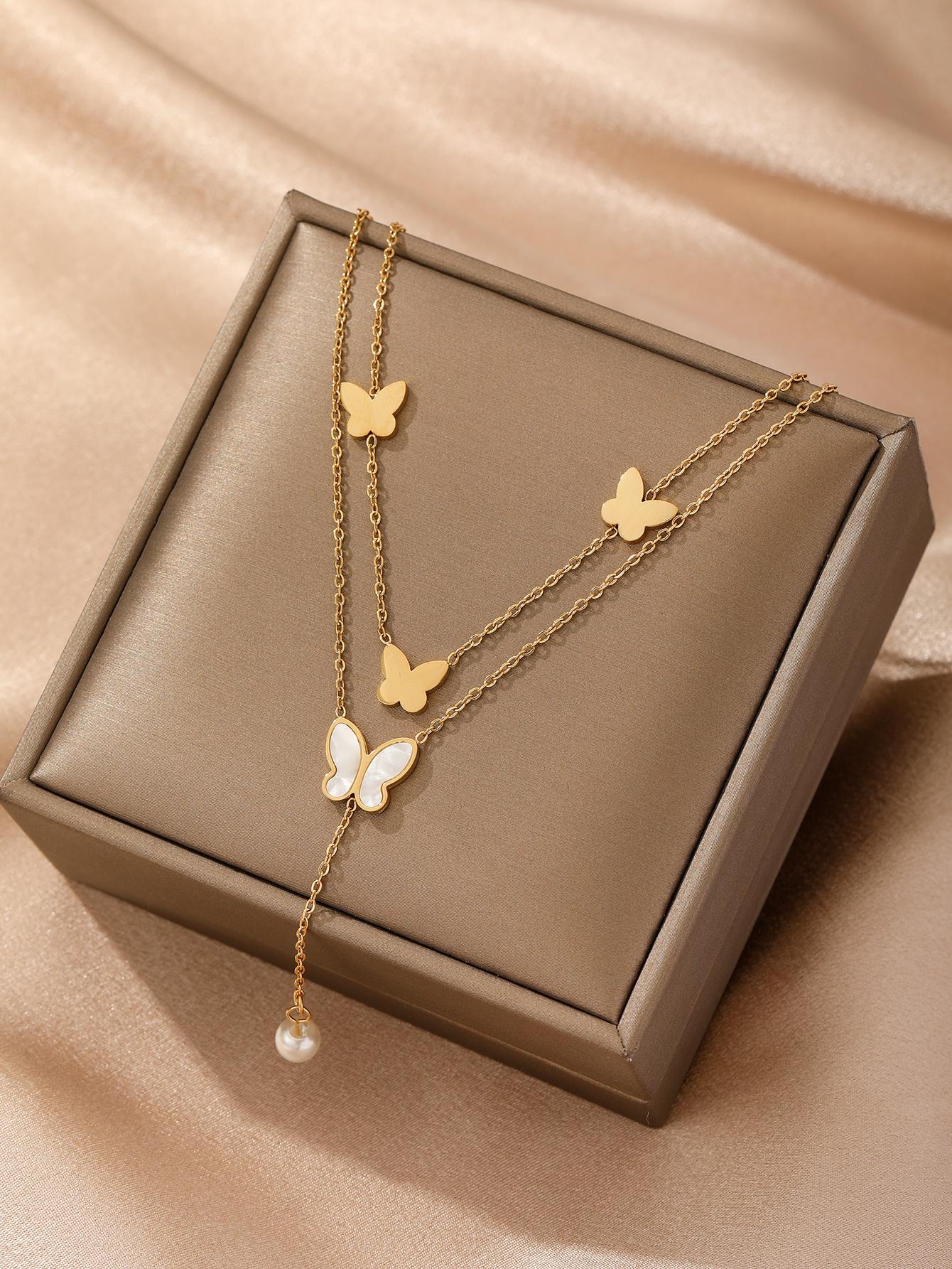 Butterfly & Faux Pearl Charm Layered Necklace - Negative Apparel