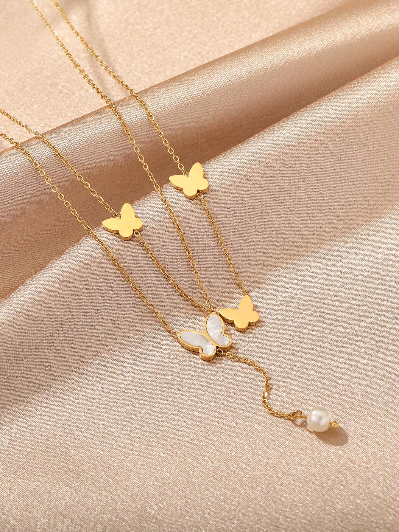 Butterfly & Faux Pearl Charm Layered Necklace - Negative Apparel