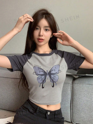 Butterfly Print Raglan Sleeve Crop Tee - Negative Apparel