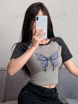 Butterfly Print Raglan Sleeve Crop Tee - Negative Apparel