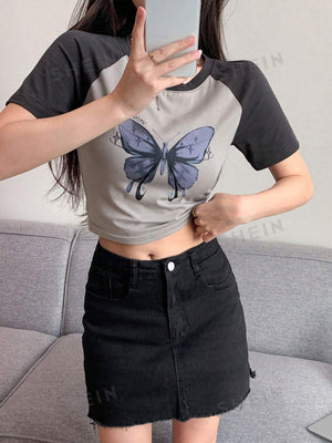 Butterfly Print Raglan Sleeve Crop Tee - Negative Apparel
