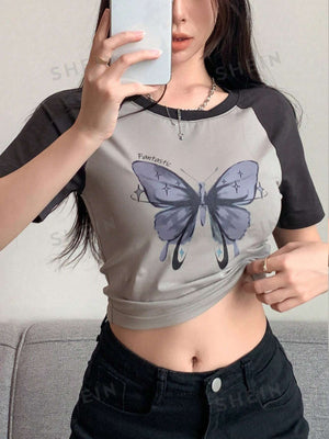 Butterfly Print Raglan Sleeve Crop Tee - Negative Apparel