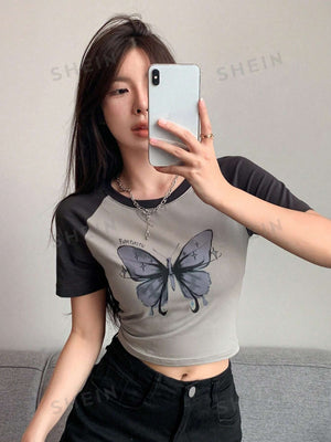 Butterfly Print Raglan Sleeve Crop Tee - Negative Apparel