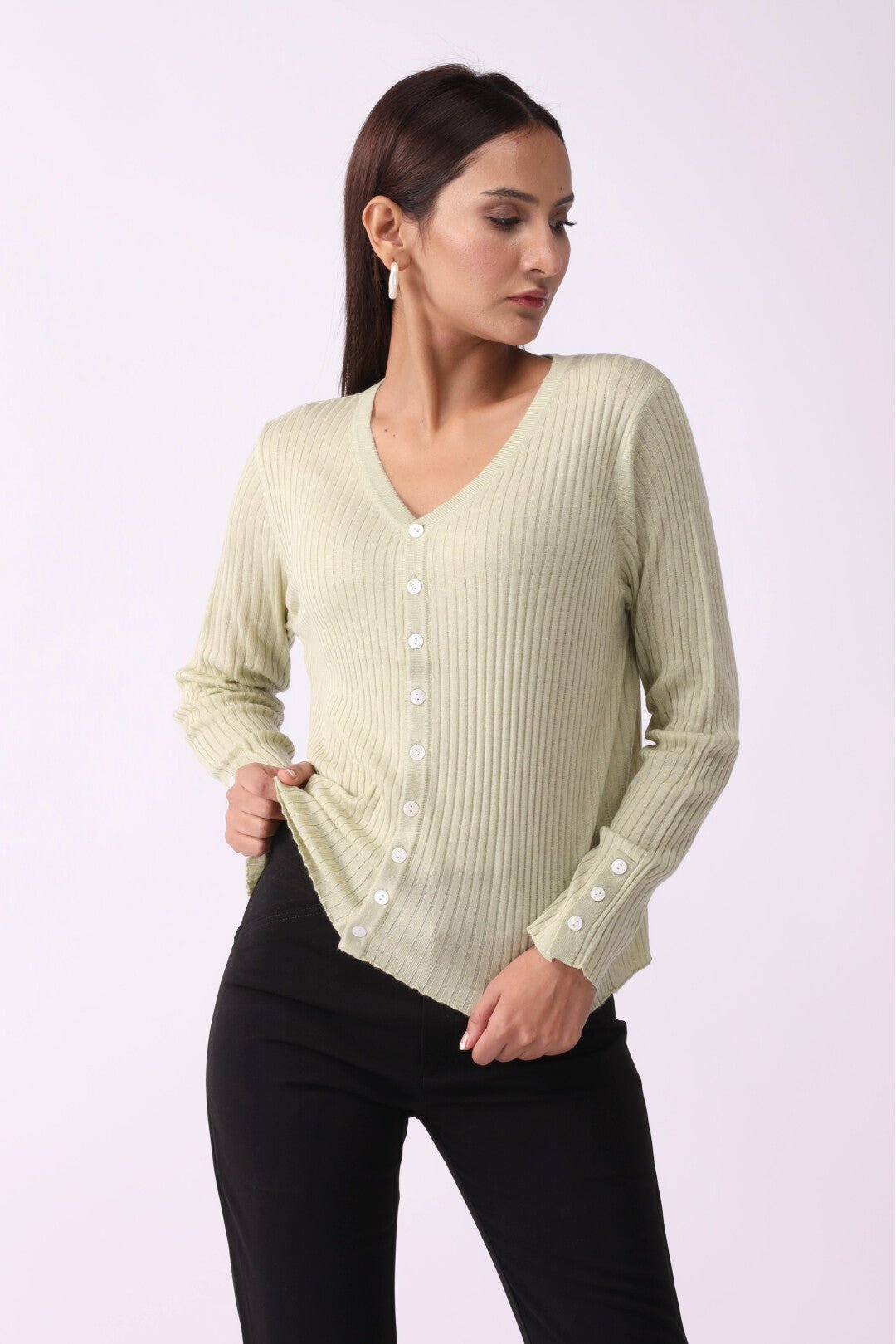 V Neck Anchor Pattern Buttoned Sweater