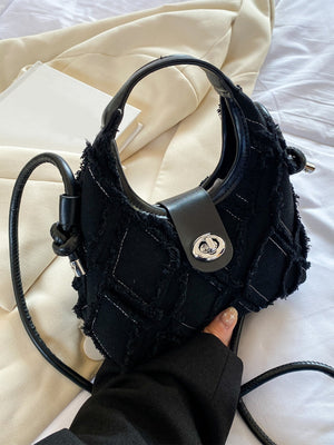 Casual Mini Denim Frayed Trim Twist Lock Hobo Bag - Negative Apparel
