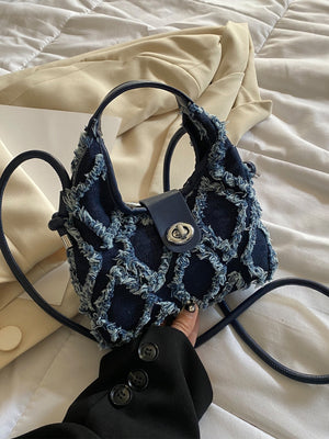 Casual Mini Denim Frayed Trim Twist Lock Hobo Bag - Negative Apparel