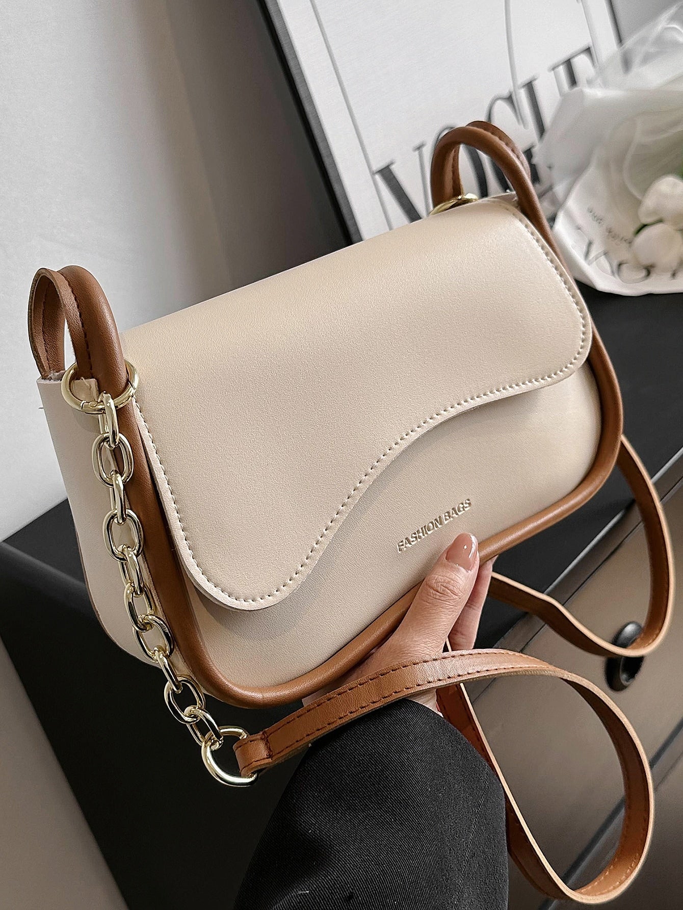 Chain Strap Solid Color Shoulder Bag With Texture - Negative Apparel