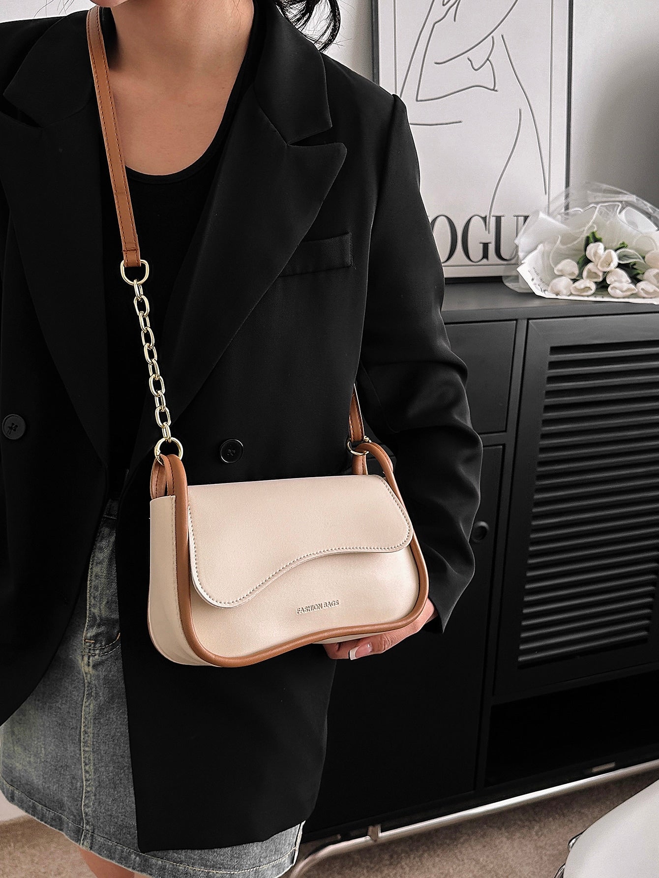 Chain Strap Solid Color Shoulder Bag With Texture - Negative Apparel