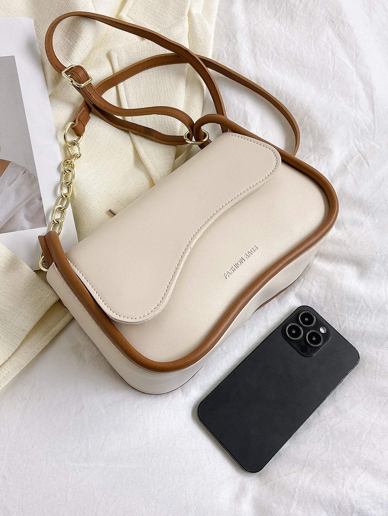 Chain Strap Solid Color Shoulder Bag With Texture - Negative Apparel