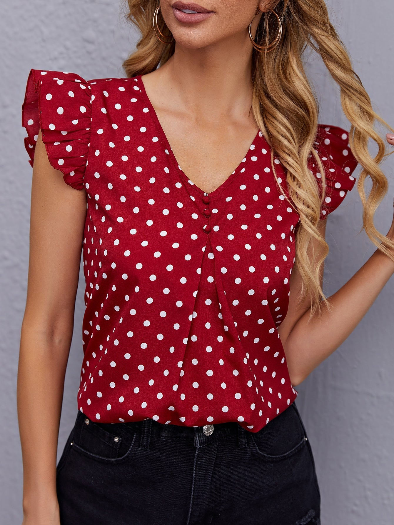 Clasi Polka Dot Ruffle Trim Blouse - Negative Apparel