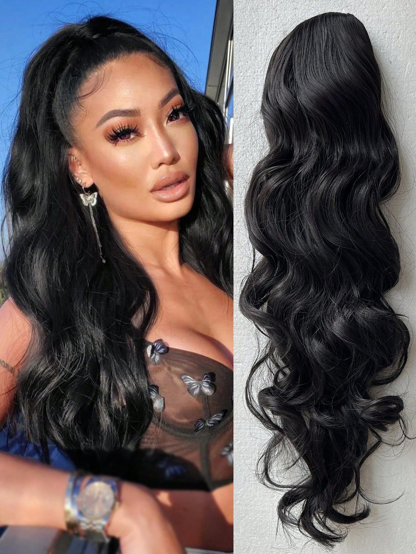 Claw Ponytail Extension 20 Inch Ombre Natural Wave Wavy Clip in Hair Extensions Soft Natural Looking Heat Resistant Fiber Synthetic Hairpiece For Women Daily Use - Negative Apparel