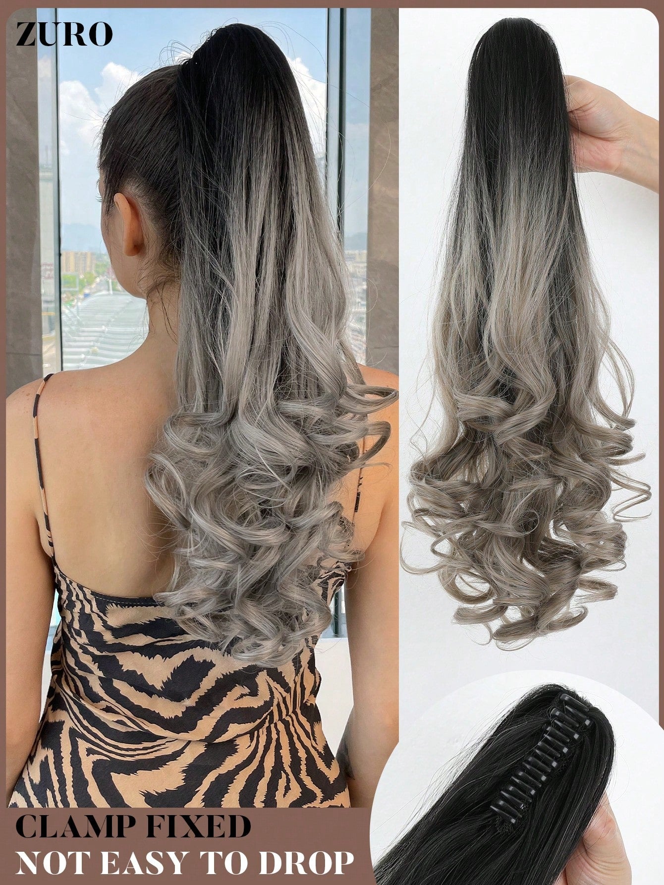 Claw Ponytail Extension 20 Inch Ombre Natural Wave Wavy Clip in Hair Extensions Soft Natural Looking Heat Resistant Fiber Synthetic Hairpiece For Women Daily Use - Negative Apparel