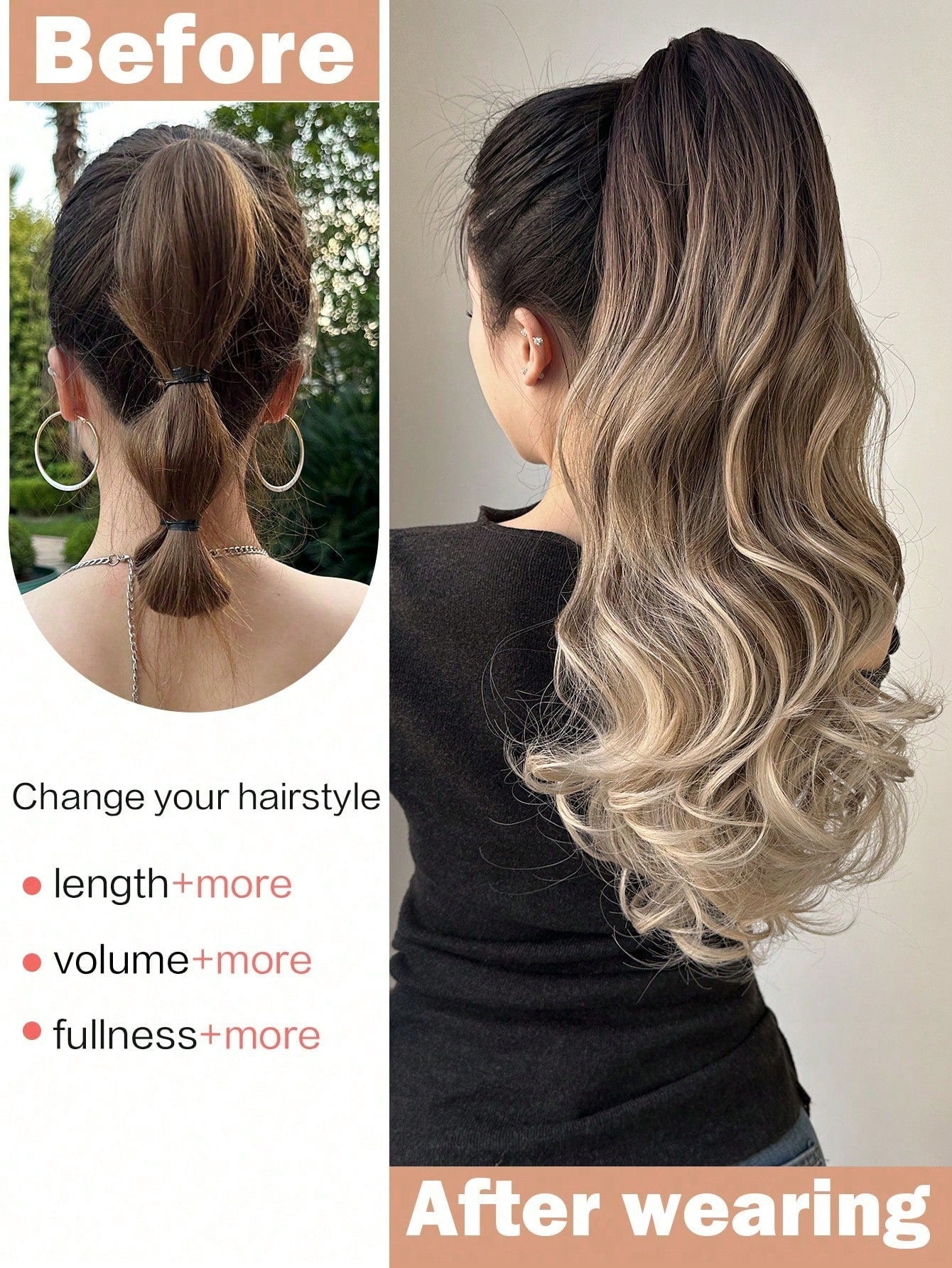 Claw Ponytail Extension 20 Inch Ombre Natural Wave Wavy Clip in Hair Extensions Soft Natural Looking Heat Resistant Fiber Synthetic Hairpiece For Women Daily Use - Negative Apparel