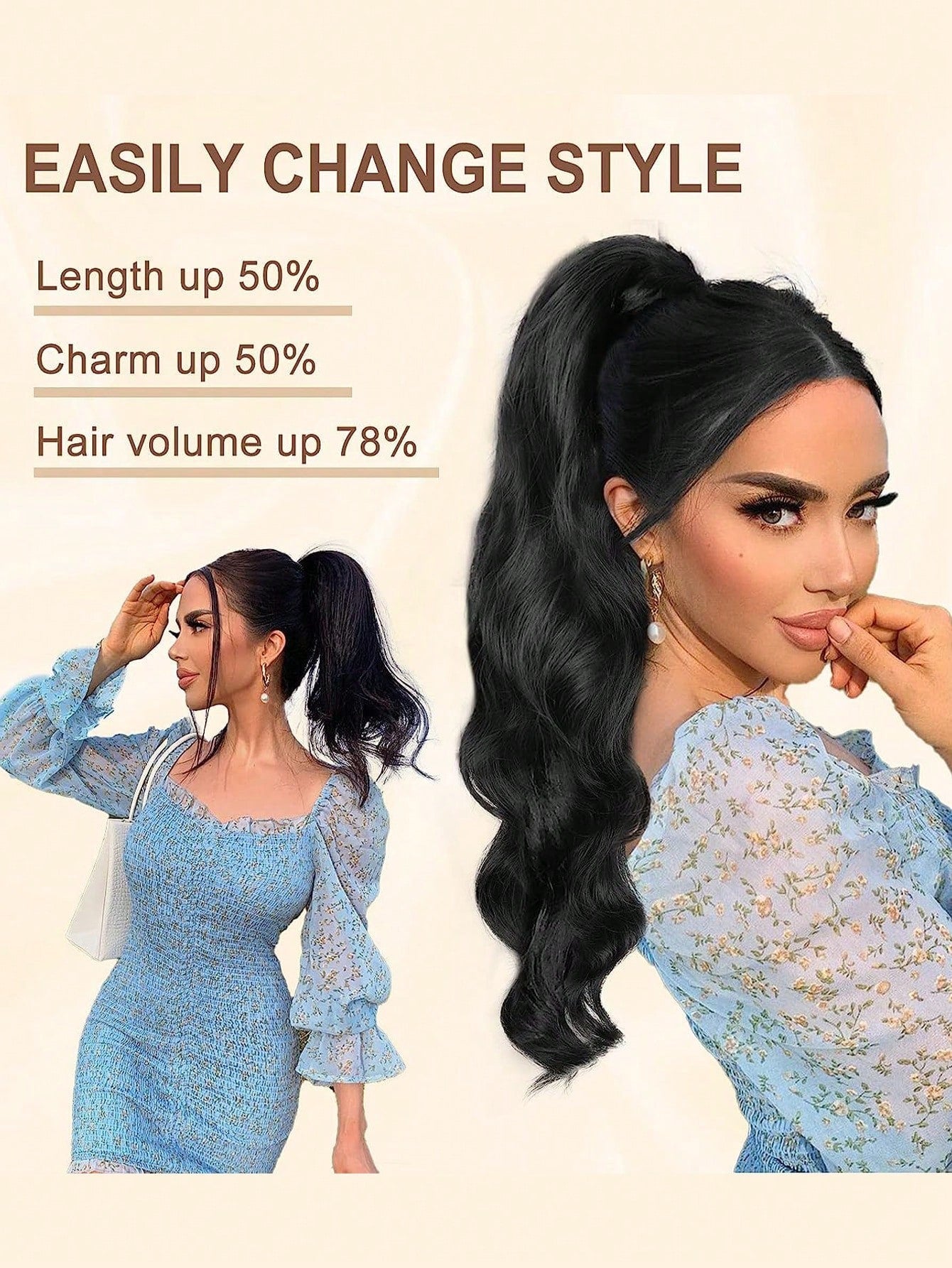 Claw Ponytail Extension 20 Inch Ombre Natural Wave Wavy Clip in Hair Extensions Soft Natural Looking Heat Resistant Fiber Synthetic Hairpiece For Women Daily Use - Negative Apparel