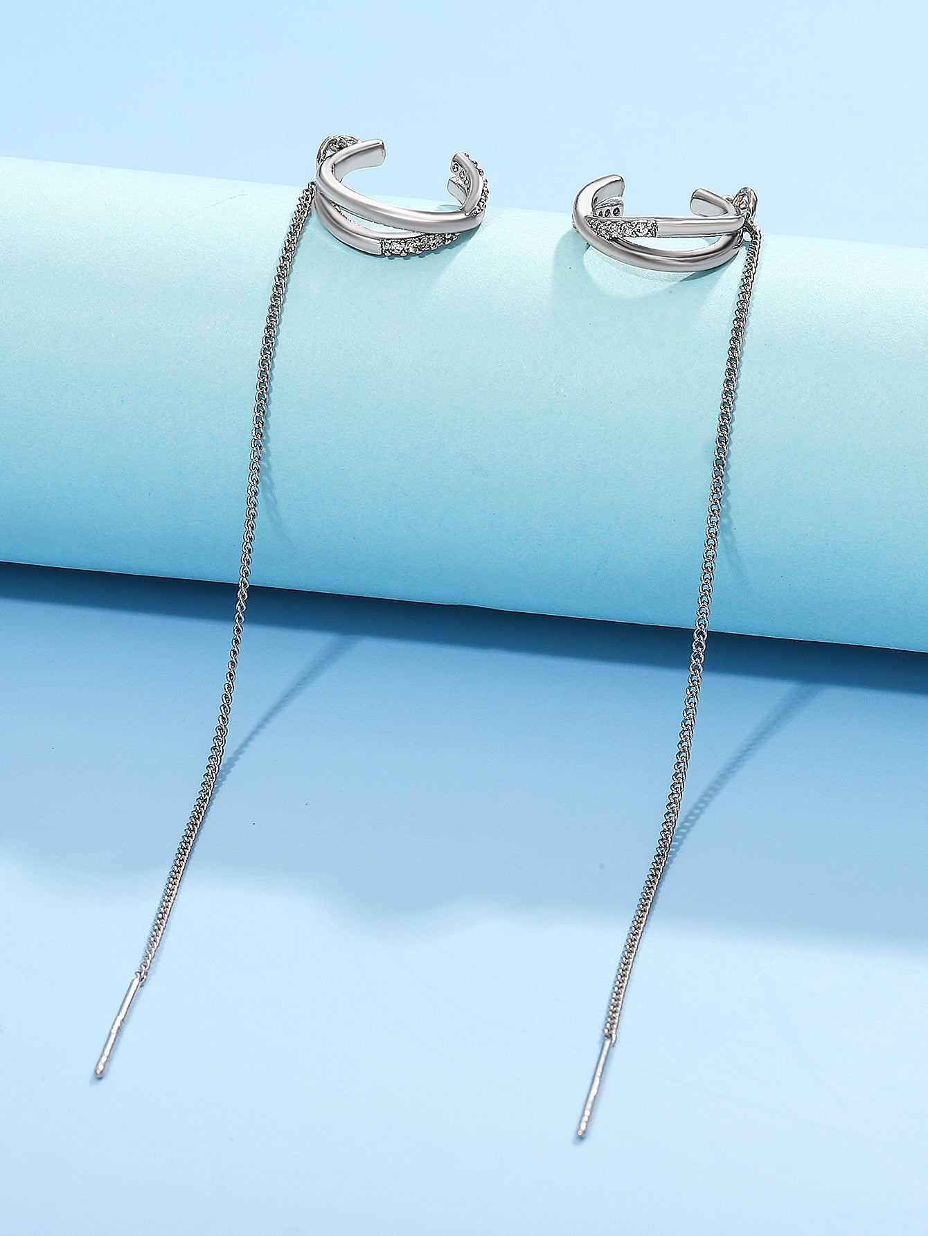 Cubic Zirconia Decor Threader Earrings - Negative Apparel