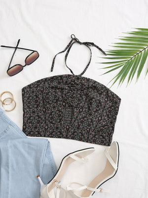 Cut Out Front Ditsy Floral Halter Top - Negative Apparel