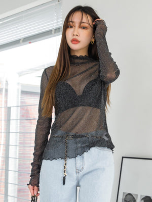 DAZY Lettuce Trim Mock Neck Mesh Top Without Bra - Negative Apparel